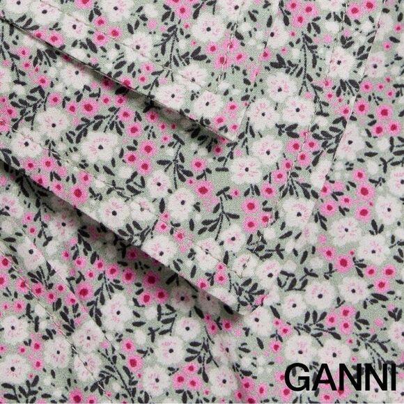 GANNI **NWT** Frost Gray Floral Print Cotton Poplin Double-Collar Shirt - Picture 8 of 16